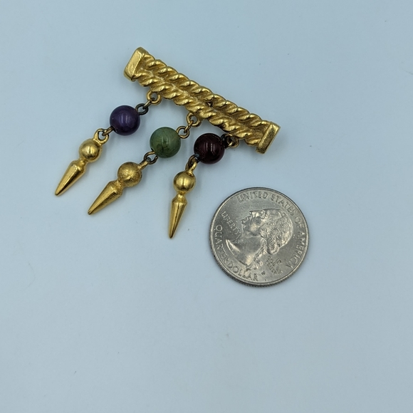 Vintage Gold Tone Unsigned Bar Brooch with Dangles Semiprecious Gemstones Beads - Picture 8 of 9